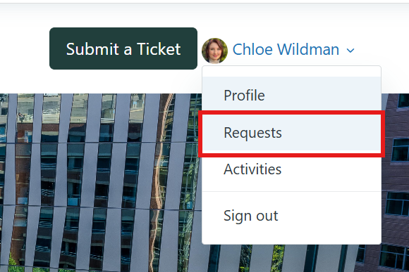 User dropdown with 'Requests' outlined in red