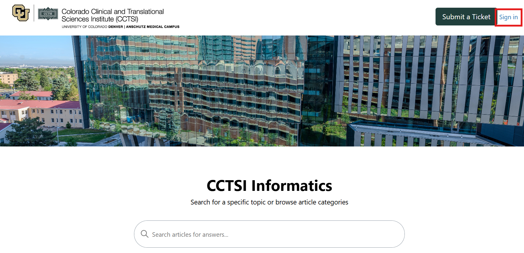 Screenshot of CCTSI Informatics Help Center with sign in outlined in red