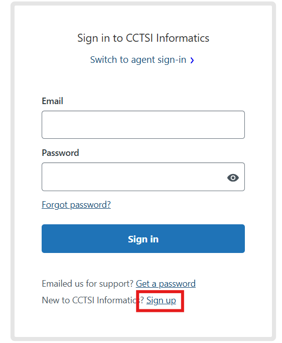 CCTSI Informatics Help Center sign in page with 'sign up' outlined in red