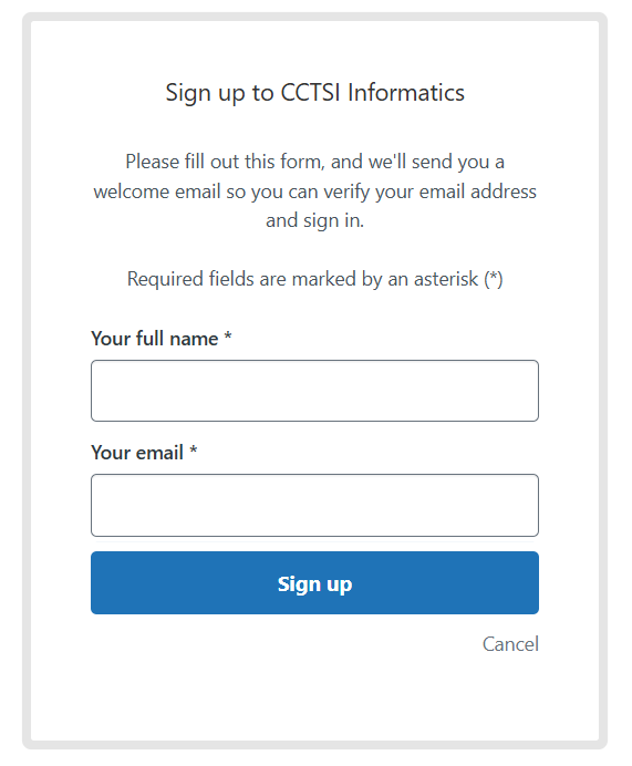 CCTSI Informatics Help Center sign up page